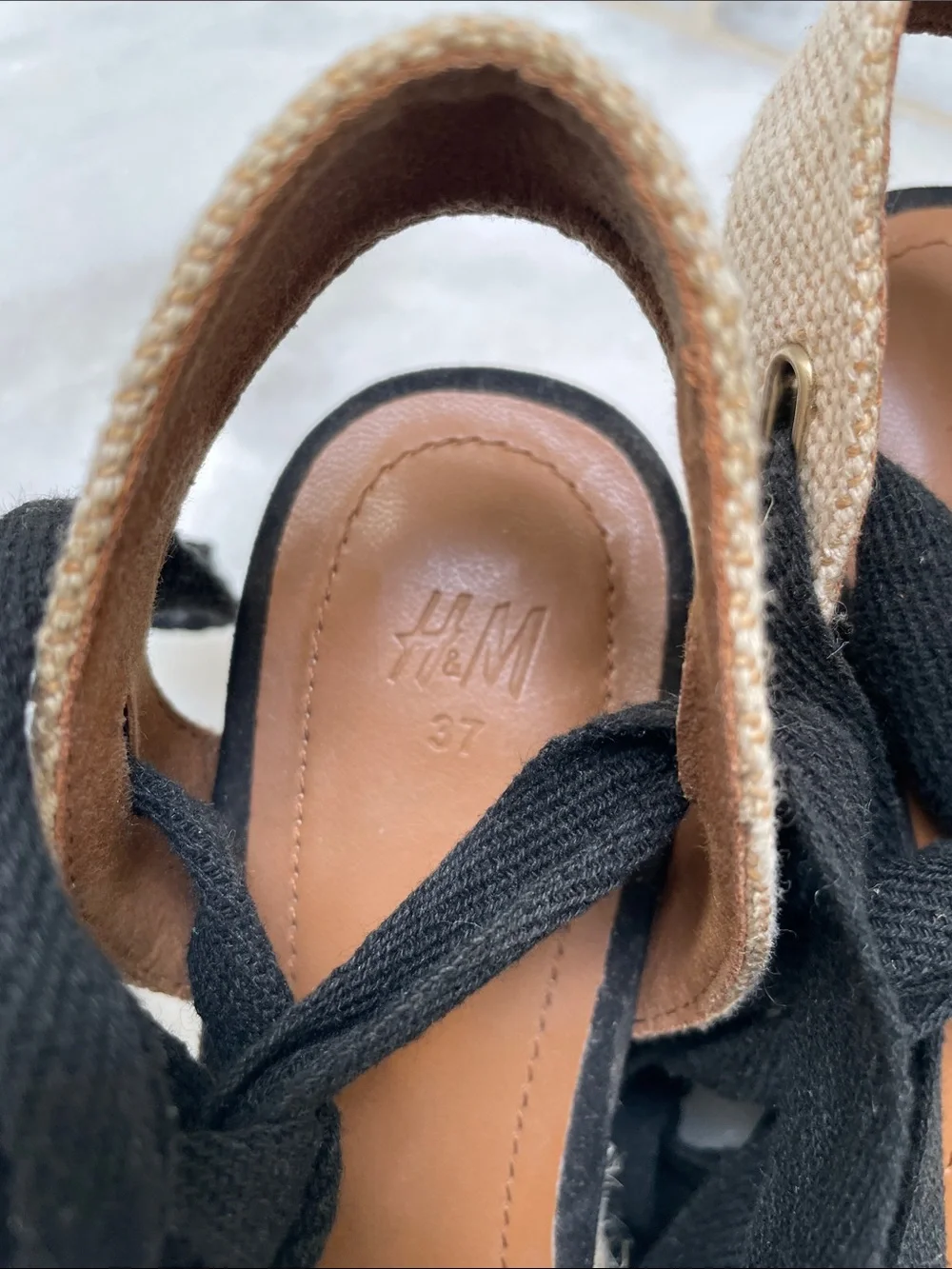 H&M Black and Cream Woven Espadrille Wedge Sandals with Ankle Ties